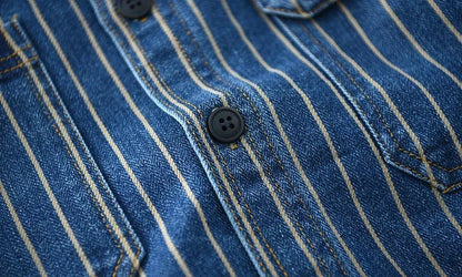 Retro Japanese Sle Men's Denim irt Cotton Long Sve Waed Striped Workwear Loose Fit Outerwear Faion Urban Youth