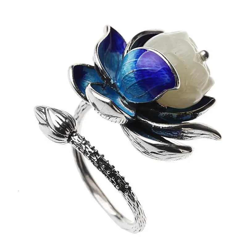 Natural Hetian  jade Enamel Porcelain Lotus Canopy Open Ring Chinese Retro Designer Style original Design Silver jewelry