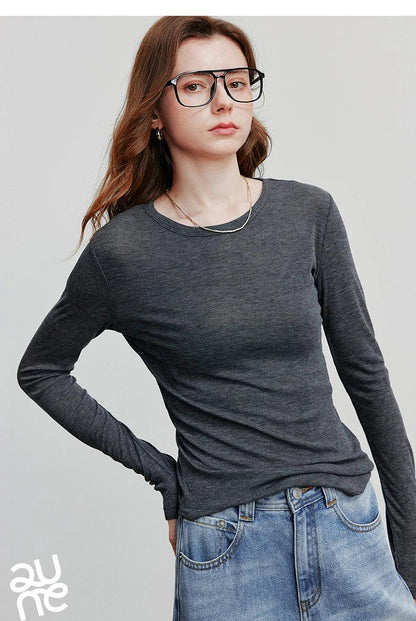 TOYOUTH Women T-shirt  2025 Autumn New Slanted Hem Lyocell Wool Slim Fit Long Sleeve Base Tops