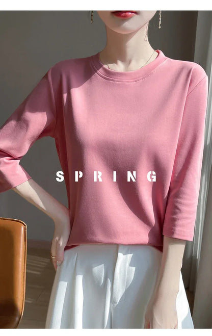 Mercerized Cotton Cropped Sleeve Female Spring And Summer 2023 New Round Neck Loose 100% Cotton Short Sleeve Bottoming T-Shirt