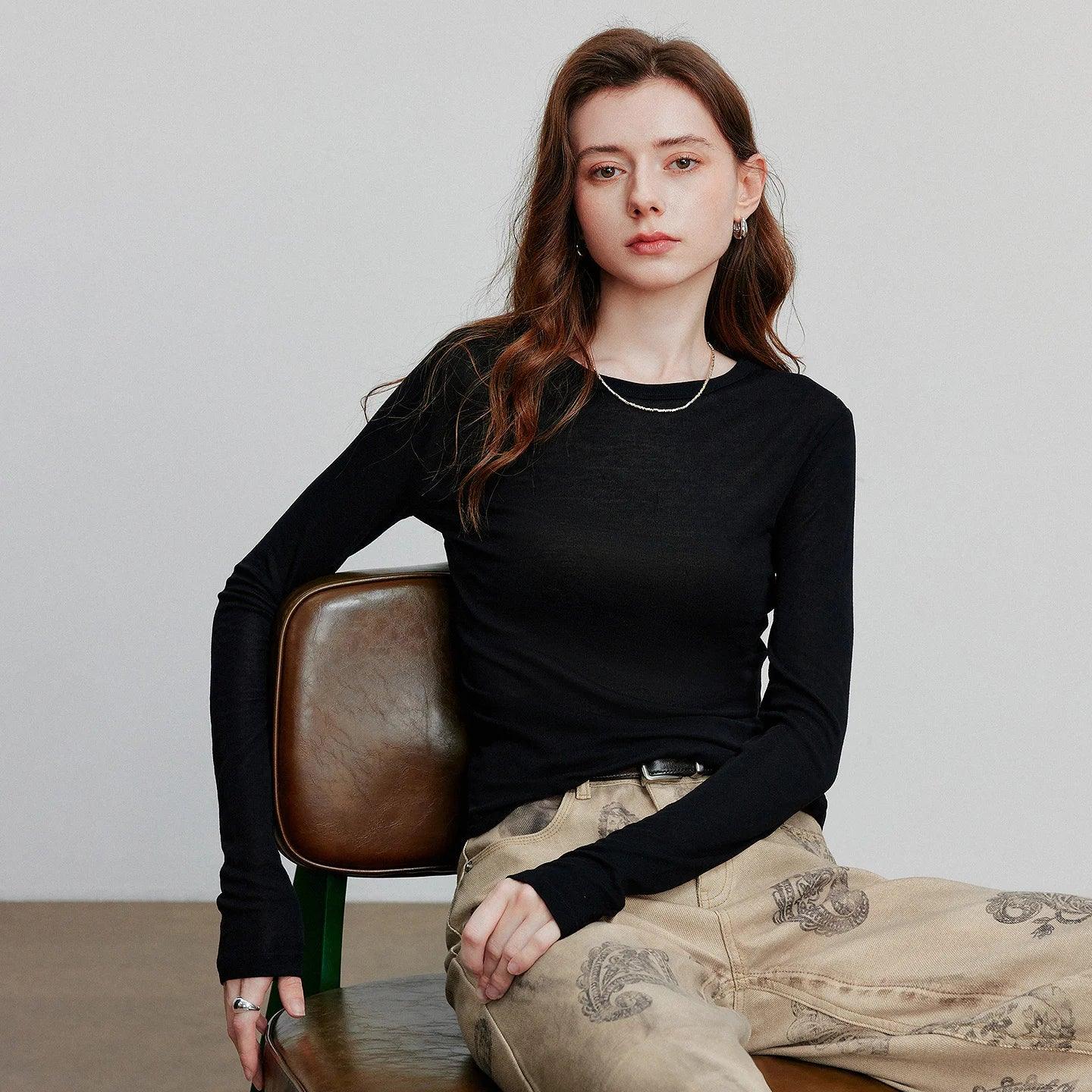 TOYOUTH Women T-shirt  2025 Autumn New Slanted Hem Lyocell Wool Slim Fit Long Sleeve Base Tops