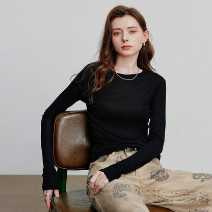TOYOUTH Women T-shirt  2025 Autumn New Slanted Hem Lyocell Wool Slim Fit Long Sleeve Base Tops