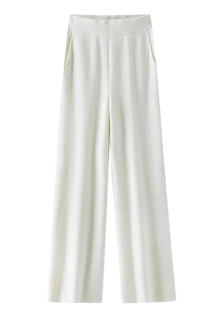 Elegant Pure High Waist Drooping Wide-Leg Pants Women's Outer Wear with Pockets Baggy Straight Trousers Knitted Mop Trousers