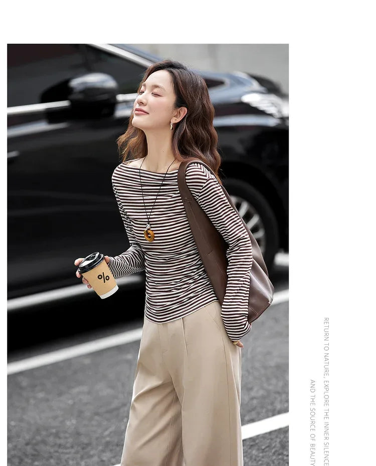 VIMLY Tops Woman 2025 Autumn French Slash Neck Long Sleeve Ladies T-shirts Casual Knitted Slim Fit Strecth Female Tees A3039