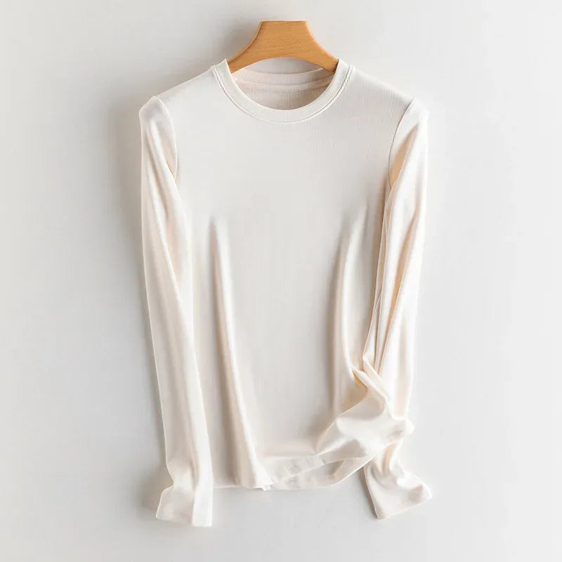 SuyaDream, Women Bottoming T Shirt, Silk Viscose Blend, Long Sleeves, Solid Basic Thermal  Shirt, 2024 Autumn Winter Top