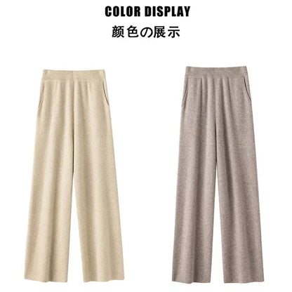 Elegant Pure High Waist Drooping Wide-Leg Pants Women's Outer Wear with Pockets Baggy Straight Trousers Knitted Mop Trousers