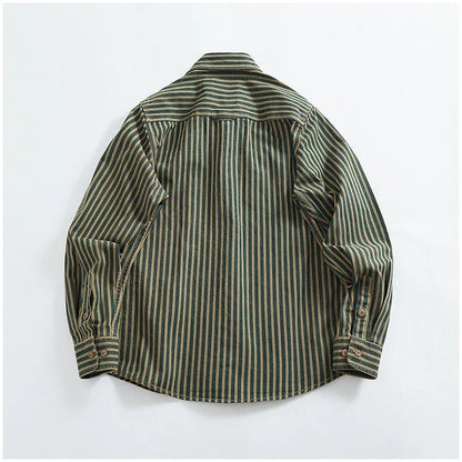 Retro Waed Distred Blue Vertical Stripe Trendy Denim irt Men's Loose American Long Sve Workwear irt Coat