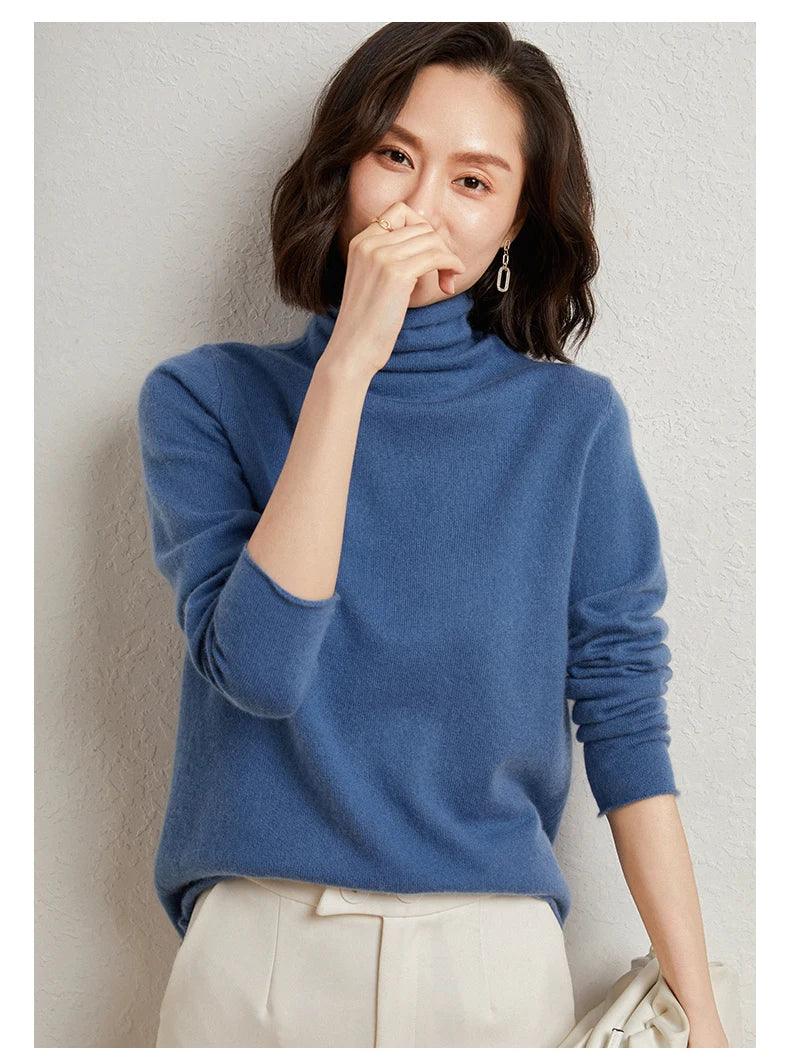 100%Merino Pure Wool Sweater Women's AutumnWinter Long Sleeve High Neck Pullover Warm High Quality Solid Color Basic Knit Jumper