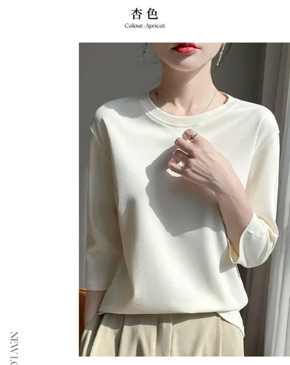 Mercerized Cotton Cropped Sleeve Female Spring And Summer 2023 New Round Neck Loose 100% Cotton Short Sleeve Bottoming T-Shirt