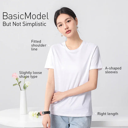 High-end New 10% Silk & Mercerized Cotton Women T-shirt Luxury Tee Short Sleeve Silky Feeling Summer Wear 2025 Tops V / O-neck