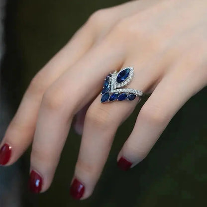 Premium and exquisite crown shaped design water droplet sapphire rings for women luxurious wedding silver 925 blue ring jewelry