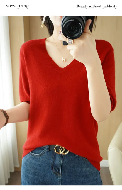 Spring/Summer 2025 Ladies Sweater Pullover Solid Color V-neck Half-sleeved Knitted Cashmere Sweater Thin Casual Top
