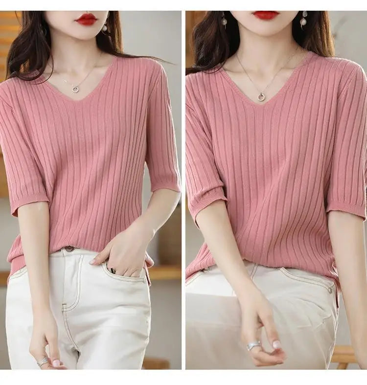 2025 New Spring Summer New Women's V-neck Short-Sleeved Exquisite Cashmere Knitted Sweater Pullover Solid Color