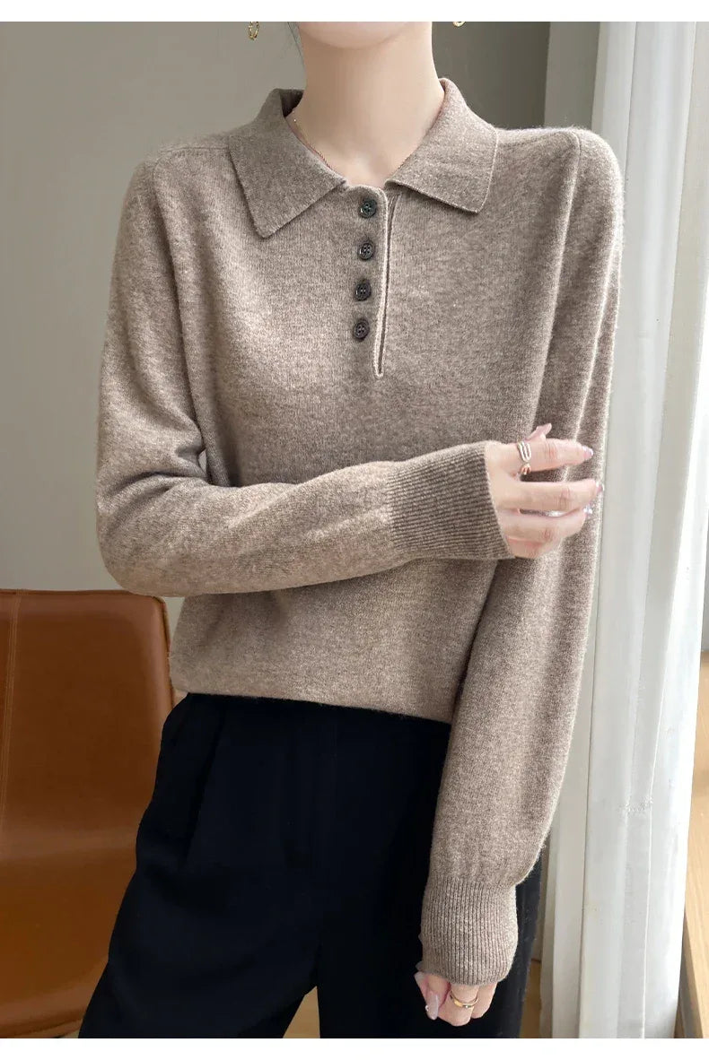 Polo Neck Pullover 100% Merino Wool Women's Solid Color Knit Top Fashion Korean Sweater Autumn and Winter Women's Clothes