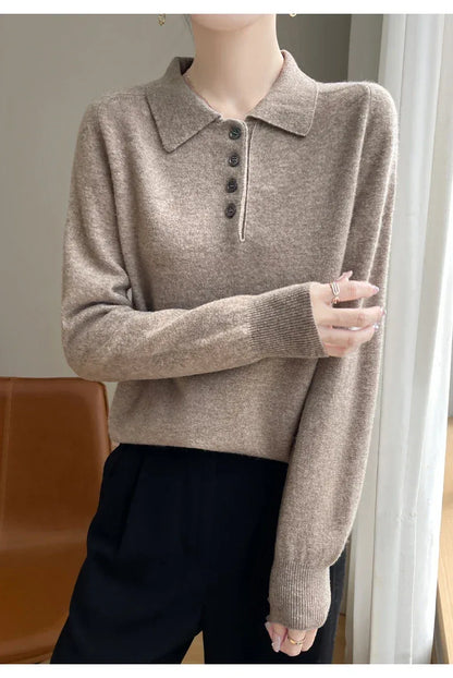 Polo Neck Pullover 100% Merino Wool Women's Solid Color Knit Top Fashion Korean Sweater Autumn and Winter Women's Clothes