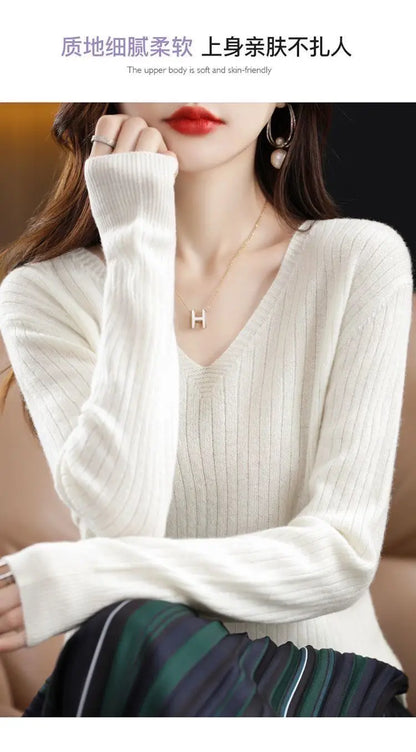 Chic Casual Autumn Winter Basic Sweater Pullovers Women V-neck Solid Knit Loose Pullover Female Long Sleeve Warm Khaki Sweater
