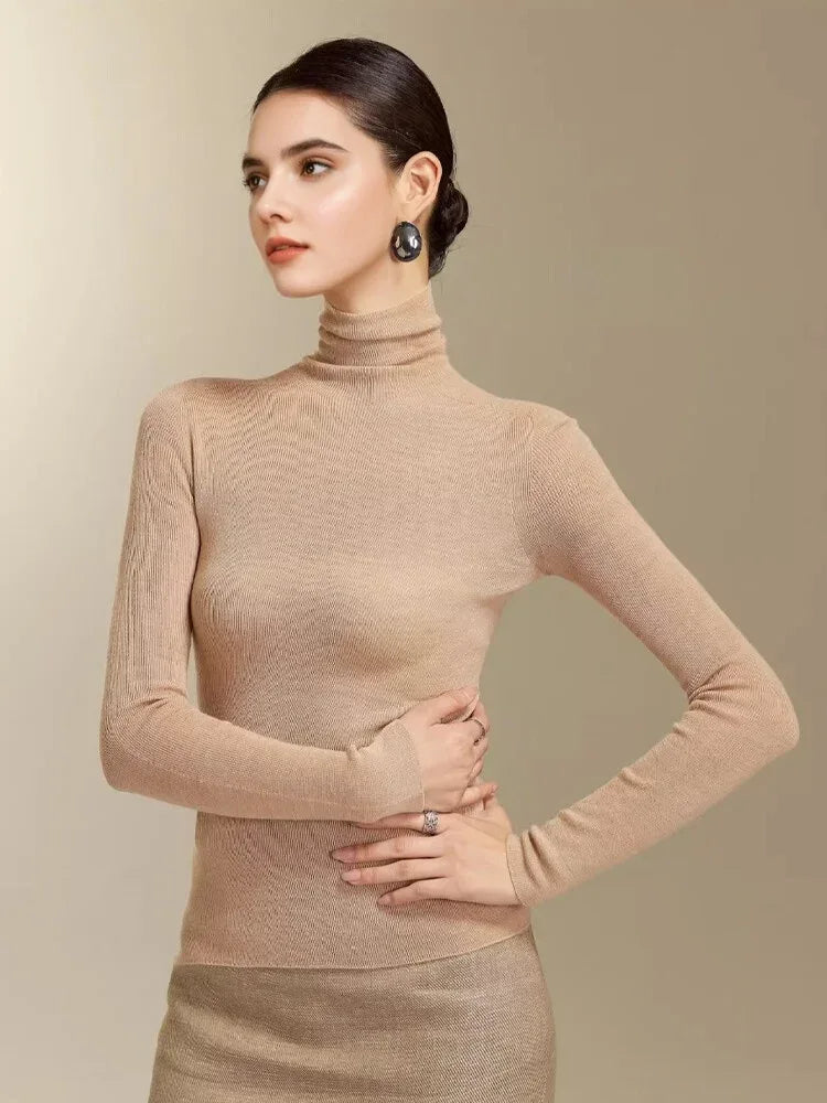 SuyaDream, Women Turtleneck Pullovers, 100%Merino Wool, High Collar, Whole Garment Sweaters, 2025 Fall Winter Slim Warm Top