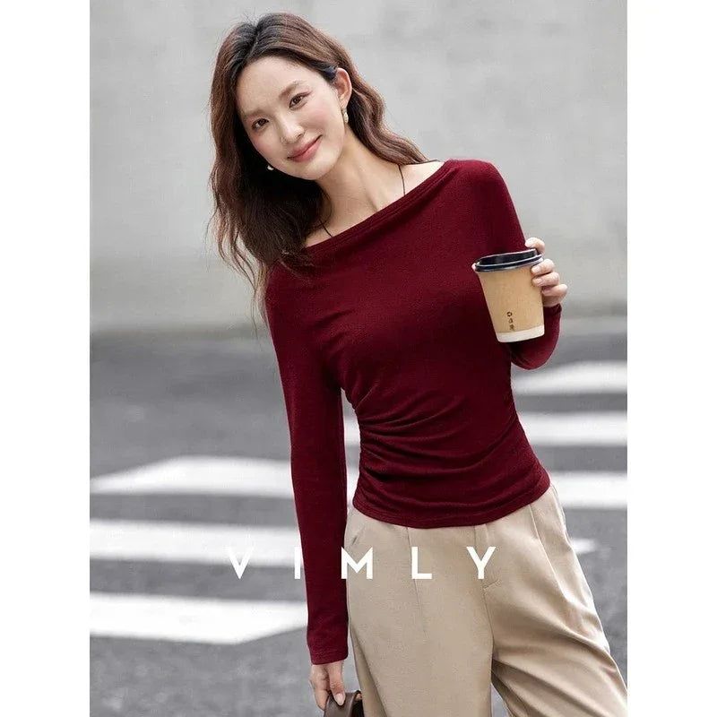 VIMLY Tops Woman 2025 Autumn French Slash Neck Long Sleeve Ladies T-shirts Casual Knitted Slim Fit Strecth Female Tees A3039
