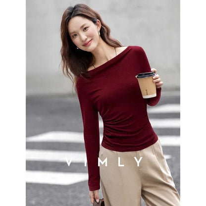 VIMLY Tops Woman 2025 Autumn French Slash Neck Long Sleeve Ladies T-shirts Casual Knitted Slim Fit Strecth Female Tees A3039