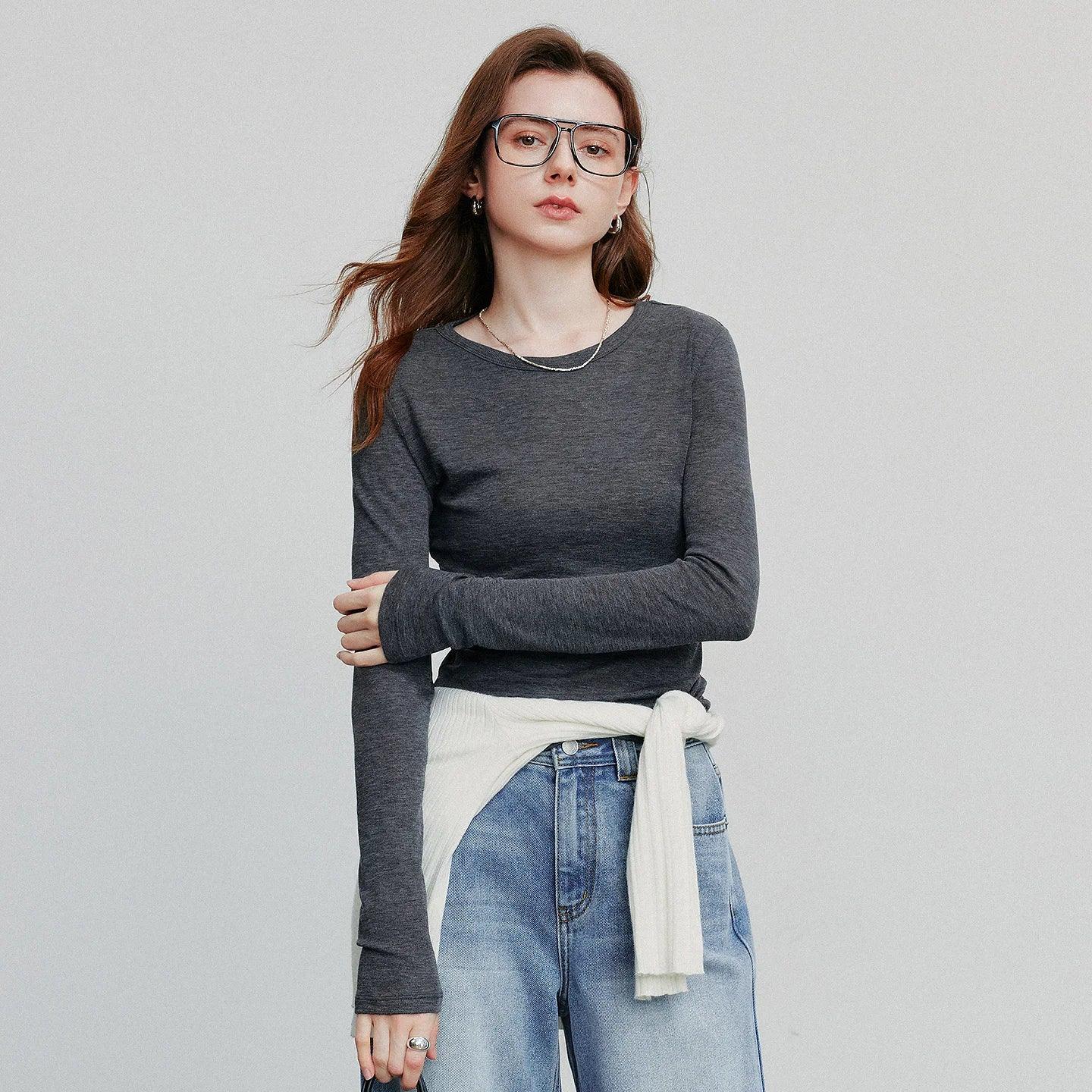 TOYOUTH Women T-shirt  2025 Autumn New Slanted Hem Lyocell Wool Slim Fit Long Sleeve Base Tops