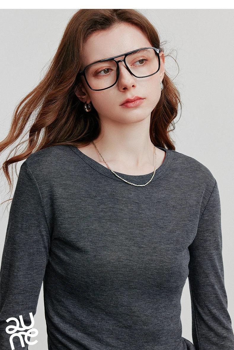 TOYOUTH Women T-shirt  2025 Autumn New Slanted Hem Lyocell Wool Slim Fit Long Sleeve Base Tops