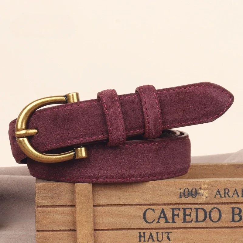 Genuine Leather Suede Women Belt Fashion Skinny Waistband Retro Gold Buckle Brown Belts for Jeans Pants