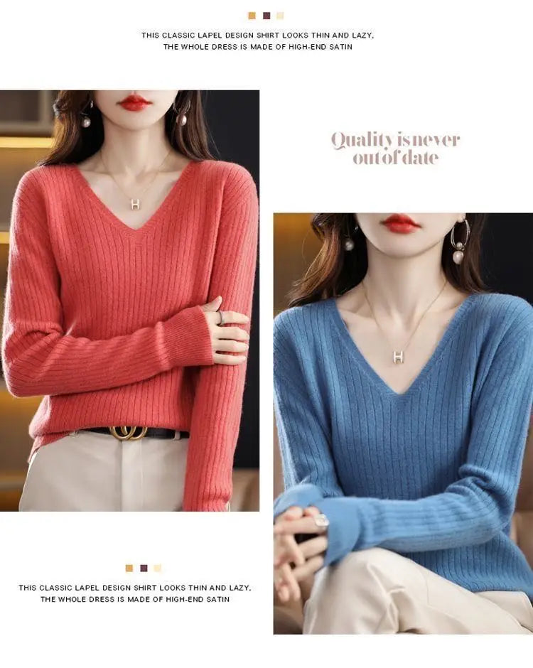 Chic Casual Autumn Winter Basic Sweater Pullovers Women V-neck Solid Knit Loose Pullover Female Long Sleeve Warm Khaki Sweater