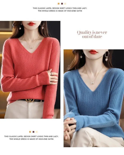 Chic Casual Autumn Winter Basic Sweater Pullovers Women V-neck Solid Knit Loose Pullover Female Long Sleeve Warm Khaki Sweater
