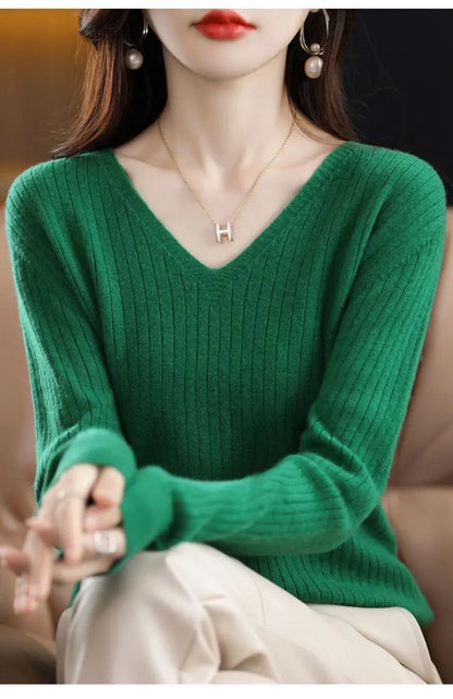 Chic Casual Autumn Winter Basic Sweater Pullovers Women V-neck Solid Knit Loose Pullover Female Long Sleeve Warm Khaki Sweater