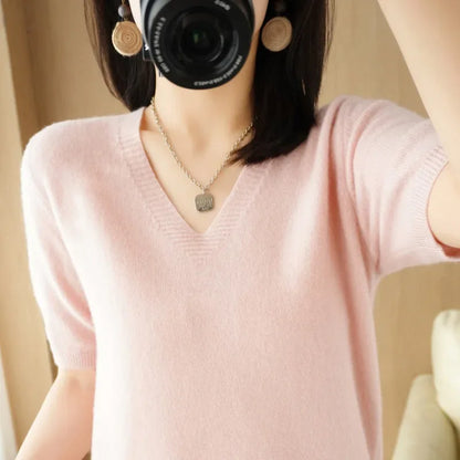 Spring/Summer 2025 Ladies Sweater Pullover Solid Color V-neck Half-sleeved Knitted Cashmere Sweater Thin Casual Top