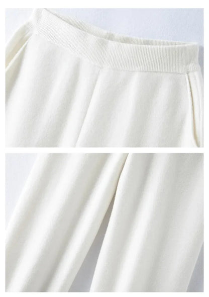 Elegant Pure High Waist Drooping Wide-Leg Pants Women's Outer Wear with Pockets Baggy Straight Trousers Knitted Mop Trousers