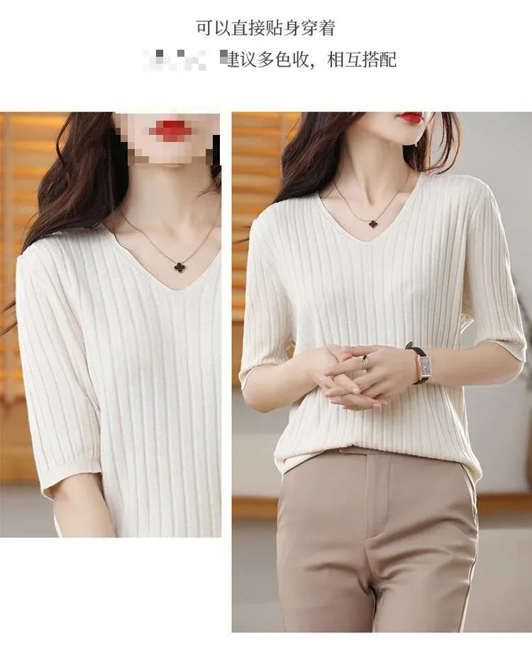 2025 New Spring Summer New Women's V-neck Short-Sleeved Exquisite Cashmere Knitted Sweater Pullover Solid Color