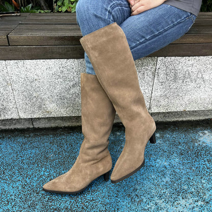 QUTAA Fashion Winter Women Knee High Boots Cow Suede Autumn Shoes Pointed Toe Buckles Chunky High Heels Motorcycle Boots 34-43