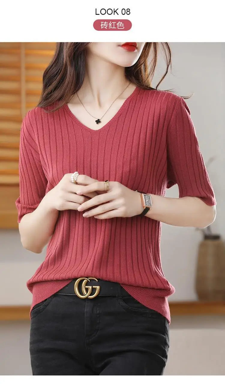 2025 New Spring Summer New Women's V-neck Short-Sleeved Exquisite Cashmere Knitted Sweater Pullover Solid Color