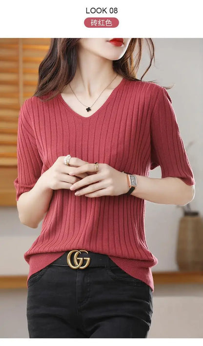 2025 New Spring Summer New Women's V-neck Short-Sleeved Exquisite Cashmere Knitted Sweater Pullover Solid Color