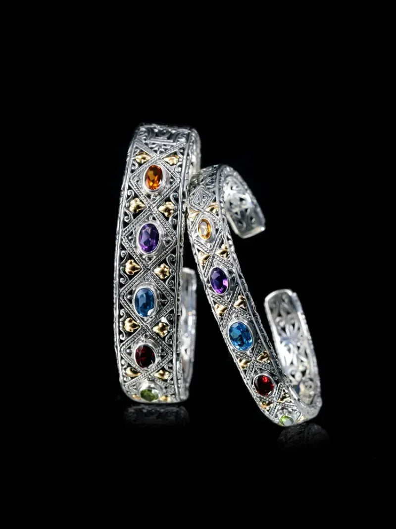 925 Silver Luxury Inlaid Colored Gemstone Bracelet Fashionable Wedding Fine Couple Bangles Jewelry Gift for Girlfriend