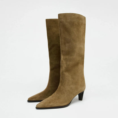 QUTAA Fashion Winter Women Knee High Boots Cow Suede Autumn Shoes Pointed Toe Buckles Chunky High Heels Motorcycle Boots 34-43