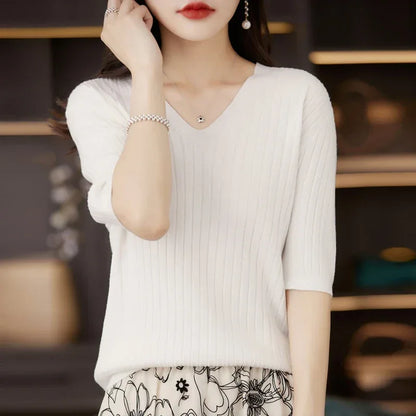 Women's Sweater Spring Summer Short Sleeve V-neck Knit Shirt Casual Korean Pullovers Stripe Bottoming Shirt Slim Fit Jumpers