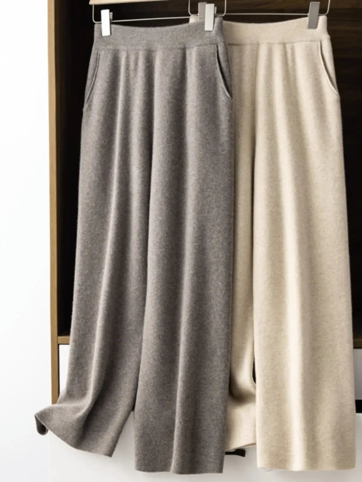 Elegant Pure High Waist Drooping Wide-Leg Pants Women's Outer Wear with Pockets Baggy Straight Trousers Knitted Mop Trousers