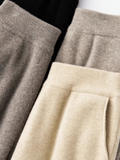Elegant Pure High Waist Drooping Wide-Leg Pants Women's Outer Wear with Pockets Baggy Straight Trousers Knitted Mop Trousers