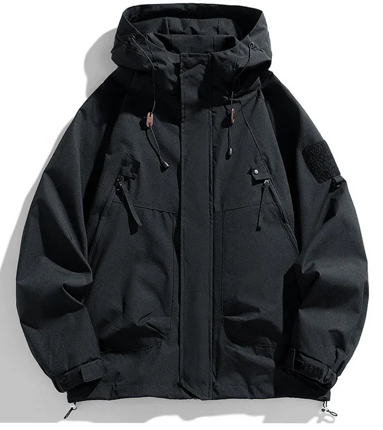 Windbreakers Men Hooded Jacket Zipper Coat Cargo Waterproof Black Bomber Camping Loose Thin Softshell Hooded Hiking Jacket