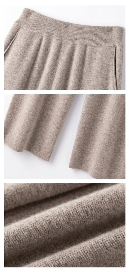 Elegant Pure High Waist Drooping Wide-Leg Pants Women's Outer Wear with Pockets Baggy Straight Trousers Knitted Mop Trousers
