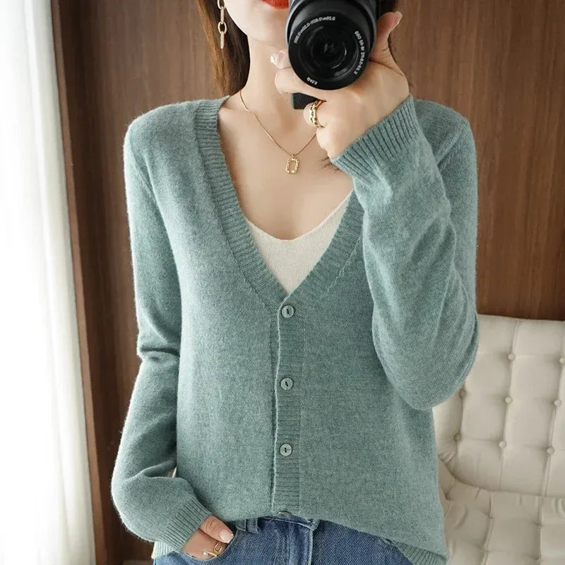 Women Cardigans V-neck Long Sleeve Knitted Outerwear Solid Thin Spring Autumn Sweaters Knitwears Korean Fashion Red Cardigans