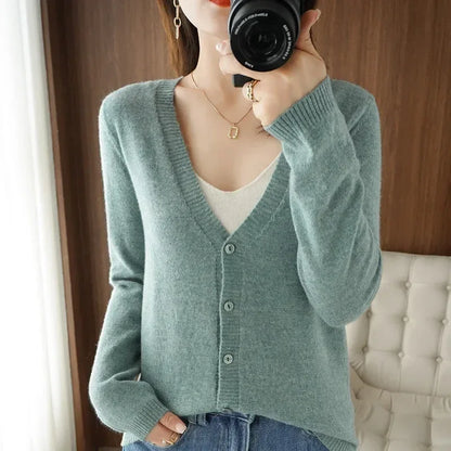 Women Cardigans V-neck Long Sleeve Knitted Outerwear Solid Thin Spring Autumn Sweaters Knitwears Korean Fashion Red Cardigans