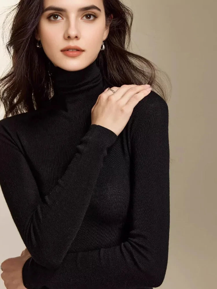 SuyaDream, Women Turtleneck Pullovers, 100%Merino Wool, High Collar, Whole Garment Sweaters, 2025 Fall Winter Slim Warm Top