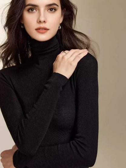 SuyaDream, Women Turtleneck Pullovers, 100%Merino Wool, High Collar, Whole Garment Sweaters, 2025 Fall Winter Slim Warm Top