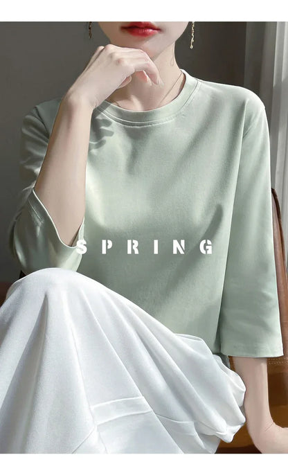 Mercerized Cotton Cropped Sleeve Female Spring And Summer 2023 New Round Neck Loose 100% Cotton Short Sleeve Bottoming T-Shirt