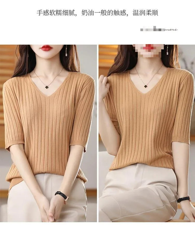 2025 New Spring Summer New Women's V-neck Short-Sleeved Exquisite Cashmere Knitted Sweater Pullover Solid Color