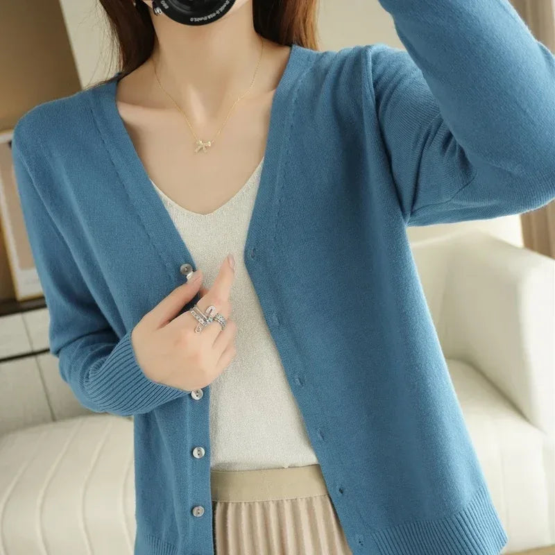 Women Cardigans V-neck Long Sleeve Knitted Outerwear Solid Thin Spring Autumn Sweaters Knitwears Korean Fashion Red Cardigans
