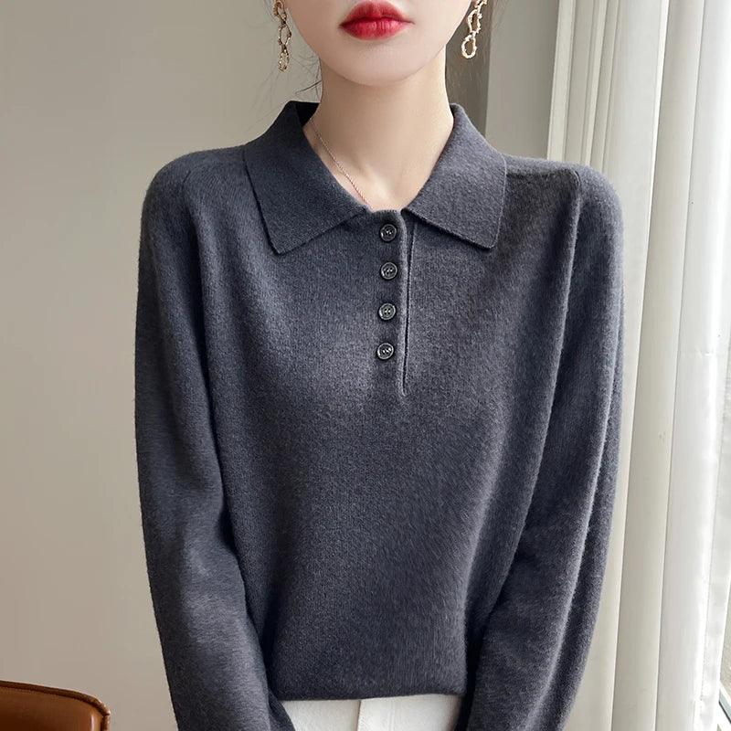 Polo Neck Pullover 100% Merino Wool Women's Solid Color Knit Top Fashion Korean Sweater Autumn and Winter Women's Clothes